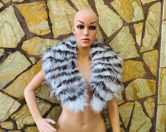 White fox fur collar scarf with purple and black detailing, genuine fur scarf, perfect detachable fur wrap and shawl for winter