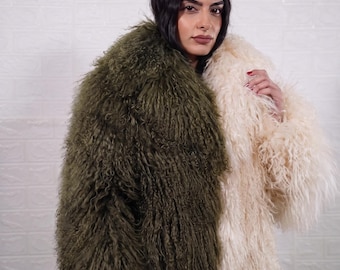 Mongolian sheepskin wool jacket green cream beige two tone fluffy hip length coat