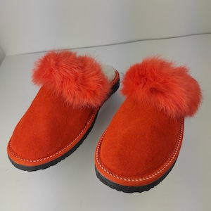 Fur Sheepskin Leather Slippers Orange for Women • Cozy Warm House Wool Slippers  •  Handmade genuine leather slippers