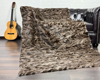 Real Brown with Designs Mink Fur Throw 47x88 in • Personalized Genuine Fur Throw Rug • Handmade Vintage Fur Throw for Living Room n Bedroom