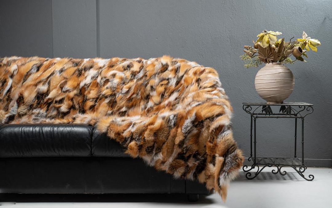 Real Fur Blanket Personalized Fox Fur Blanket Throw Handmade Genuine