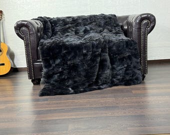 Real Rabbit Fur Blanket Throw Black • Personalized Handmade Fur Sofa Cover n Bedspread • Vintage Rabbit fur Throw Blanket