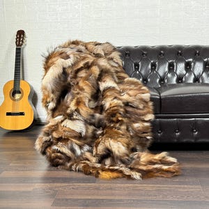Fox fur real throw blanket natural crystal, elegant bedspread & fox fur rug for living room and bedroom decor