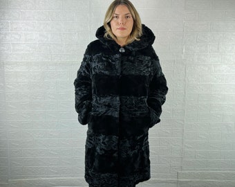GORGEOUS Real Black Pelt Mink with Astrakhan Fur Coat for Women with Hood • Personalized Mink Astrakhan Fur Coat • Winter Vintage Fur Coat