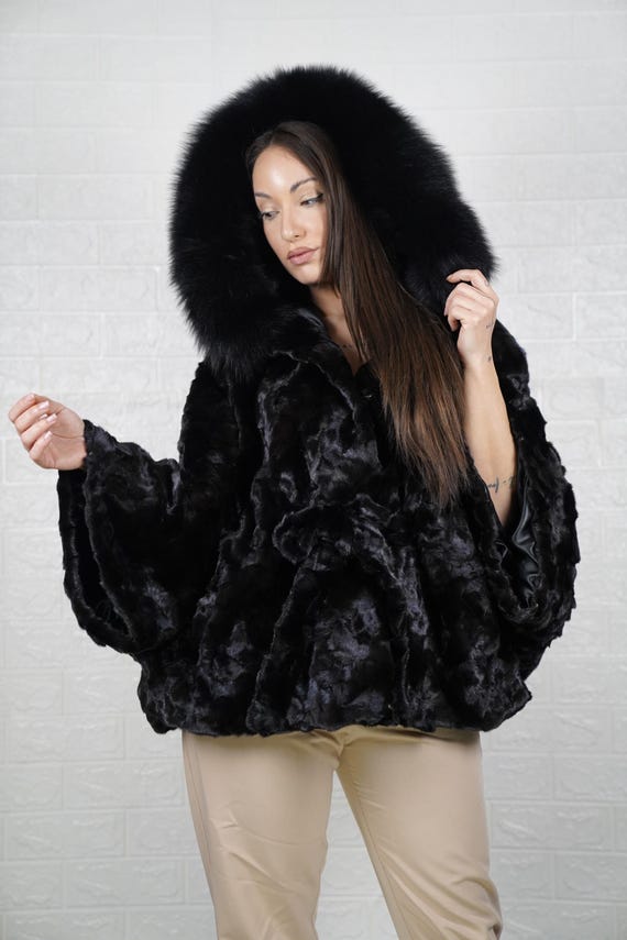 Gorgeous black mink fur jacket with fox trim for hood for women personalized full skin pelts mink and fox collar jacket timeless style