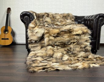 Real Beige Fox Fur Throw • Personalized Genuine Fur Throw Rug • Housewarming Gift • Handmade Vintage Fur Throw for Living Room n Bedroom