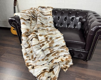 Real DOUBLE SIDED White Brown Rex Rabbit Fur Blanket Throw • Handmade Fur Sofa Cover n Bedspread • Vintage Rabbit fur Throw Blanket