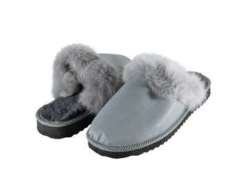 Fur Sheepskin Leather Slippers Gray for Women • Cozy Warm House Wool Slippers  •  Handmade genuine leather slippers