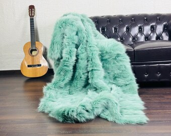 Luxury Real Green Fur Blanket • Personalized Fox Fur Blanket Throw • Handmade Genuine Fur Blanket • Fur Bedspread