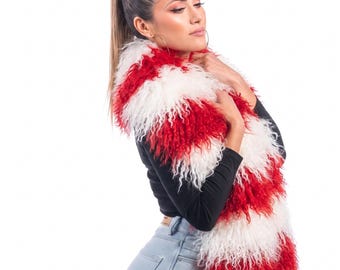 Mongolian sheepskin wool scarf red white extra long fluffy christmas winter wrap