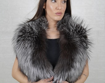 GORGEOUS Real Silver FOX FUR Collar Full Skin • Handcrafted Winter Fashion Accessory • Real Fur Scarf • Fur Wrap • Fur Shawl