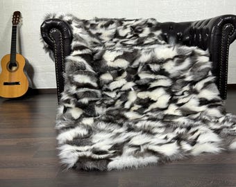 Real DOUBLE SIDED Black White Fox Fur Throw • Personalized Genuine Fur Throw Rug • Handmade Vintage Fur Throw for Living Room n Bedroom