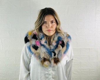Colorful soft fox fur collar, detachable fluffy fur wrap, luxury warm fur scarf