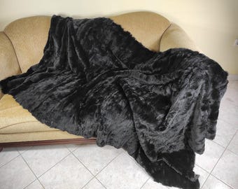 GORGEOUS Real Black Rex RABBIT FUR Throw • Large fur Area Rug • Fur Rug • Ethically and Organic Farmed Rabbit Fur • Scandinavian Decor