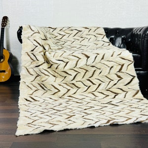 Real White with Designs Mink Fur Throw 47x88 in • Personalized Genuine Fur Throw Rug • Handmade Vintage Fur Throw for Living Room n Bedroom