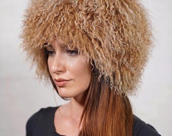 Mongolian sheepskin wool hat camel brown fluffy winter women adjustable velvet lined
