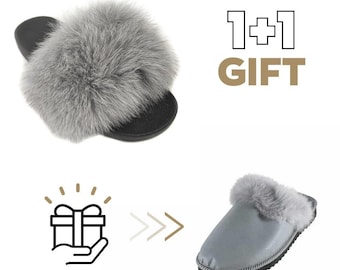 Fur slides, fur slides for women, fox fur slides, Fur Slippers FREE Gift