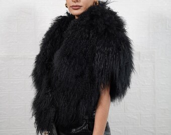 Fluffy black mongolian sheepskin big etol collar scarf full skin handmade luxury real fur women accessory winter fashion