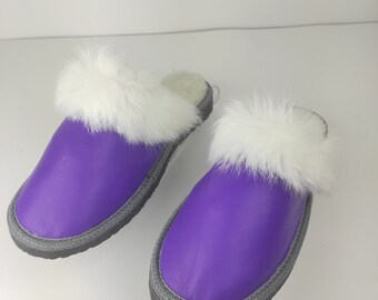 Fur Sheepskin Leather Slippers Purple for Women • Cozy Warm House Wool Slippers  •  Handmade genuine leather slippers