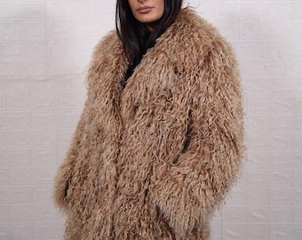 Mongolian sheepskin wool coat light brown long knee length heavy fluffy overcoat