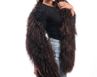 Mongolian sheepskin wool scarf dark brown extra long fluffy luxury winter wrap