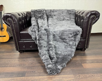 DOUBLE SIDED FUR Rabbit Blanket Throw Gray • Personalized Handmade Fur Sofa Cover n Bedspread • Vintage Rabbit fur Throw Blanket