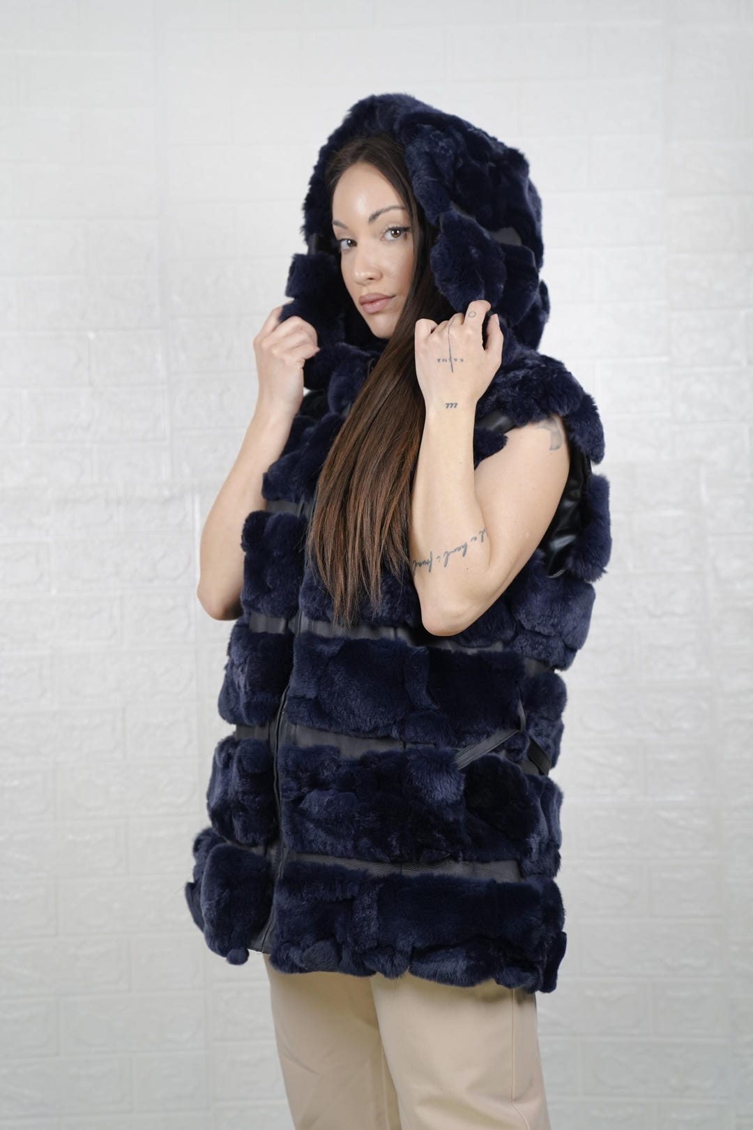 Kaninchen Pelz blau Weste Jacke mit Kapuze für Frauen und