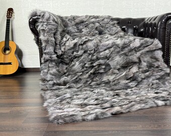 Real Fur Blanket Gray • Personalized Fox Fur Blanket Throw • Handmade Genuine Fur Blanket • Fur Bedspread n Sofa Cover