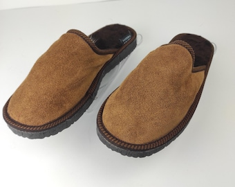 Fur Sheepskin Leather Slippers Brown for Men • Cozy Warm House Wool Slippers  •  Handmade genuine leather slippers