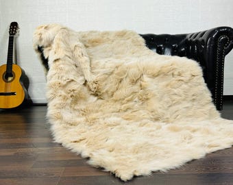 Luxurious DOUBLE SIDED Real Fox Fur Blanket Throw Beige •  Soft Fox Fur Bedspread Cozy • Natural Fur Bedding Accents •  Plush Warmth Décor