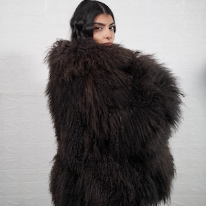 Dark Brown Mongolian Sheepskin Fluffy Jacket Coat Full Skin On Model Handmade Statement Outerwear