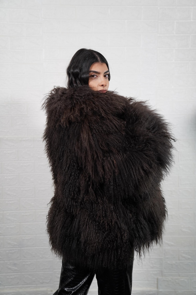 Dark Brown Mongolian Sheepskin Fluffy Jacket Coat Full Skin On Model Handmade Statement Outerwear