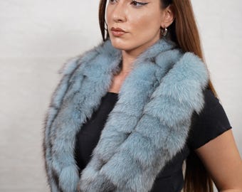 Fox fur collar scarf light blue, handmade luxury fur wrap, soft elegant fur stole
