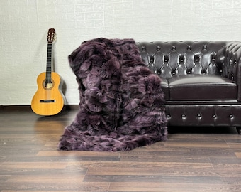 Luxurious fox fur real throw blanket purple, plush bedspread & fox fur rug for living room and bed decor