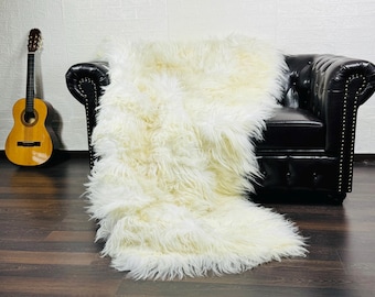 Real Off White Sheepskin Mongolian Throw Blanket - Luxurious Fur Blanket for Home Decor