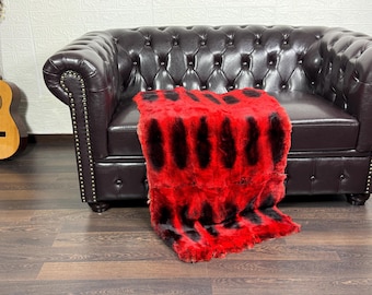 Real DOUBLE SIDED Red with Black Full Skin Rex Rabbit Fur Blanket Throw • Handmade Fur Sofa Cover n Bedspread • Vintage Rabbit fur Throw