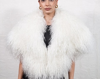 Mongolian sheepskin fur collar etol white fluffy wool luxury winter wrap