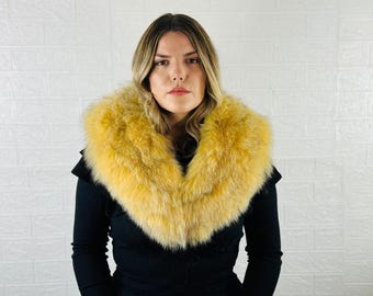 Handmade soft fox fur collar scarf yellow, elegant fluffy fur shawl, luxury warm fur stole