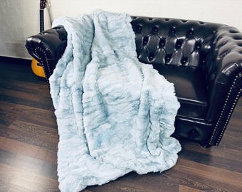 Real DOUBLE SIDED Rabbit Fur Blanket Throw Light Blue • Personalized Handmade Fur Sofa Cover n Bedspread • Vintage Rabbit fur Throw Blanket