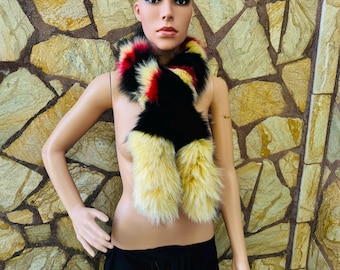 LUXURY Real Fox Fur Scarf Yellow, Black & Red – Cozy Winter Wrap – Luxurious, Sustainable Fashion Statement