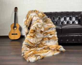 Real Red Canadian Fox Fur Throw • Personalized Genuine Fur Throw Rug • Handmade Vintage Fur Throw for Living Room n Bedroom