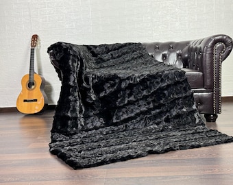 Real Black Mink Fur Throw 47x88 in • Personalized Genuine Fur Throw Rug • Handmade Vintage Fur Throw for Living Room n Bedroom