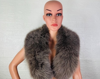 Elegant brown soft fox fur collar scarf, detachable fluffy fur wrap, luxury warm fur shawl