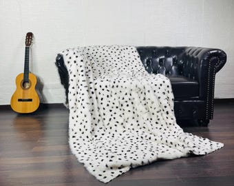 GORGEOUS Rabbit Fur Blanket Throw Dalmatian Print • Handmade Fur Sofa Cover n Bedspread • Vintage Rabbit fur Throw Blanket