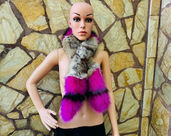 ELEGANT Real Fox Fur Scarf Natural, Pink & Black – Cozy Winter Wrap – Luxurious, Sustainable Fashion Statement