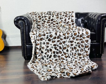 LUXURIOUS Rabbit Fur Blanket Throw Leopard Print • Handmade Fur Sofa Cover n Bedspread • Vintage Rabbit fur Throw Blanket