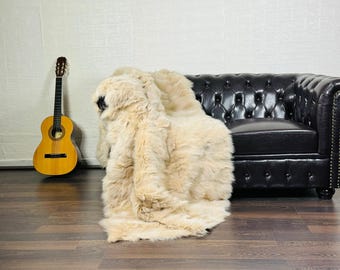 LUXURIOUS Beige FUR Blanket • Personalized Fox Fur Blanket Throw • Handmade Genuine Fur Blanket • Fur Bedspread n Sofa Cover