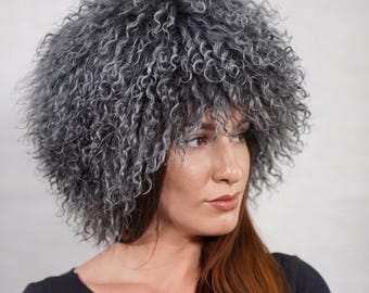 Mongolian sheepskin wool hat gray fluffy winter women adjustable warm velvet line