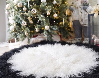 Mongolian sheepskin christmas tree skirt black white fluffy luxury holiday decor