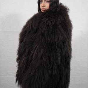 Folded Dark Brown Mongolian Sheepskin Fluffy Jacket Coat Full Skin Handmade Velvet Lining